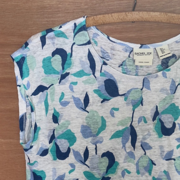 Rachel Zoe 100% linen floral top size L large round hem blue white semi sheer - Picture 2 of 6